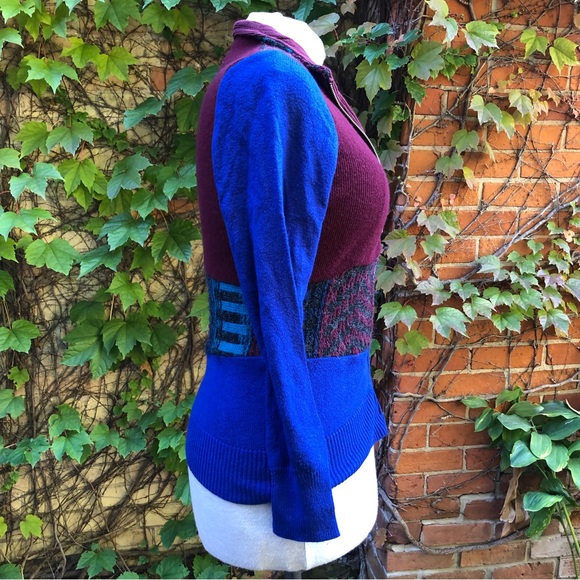 Upcycled Patchwork Keystone Sweater Blue Burgundy Medium Zip Up Fall Winter - Picture 2 of 6